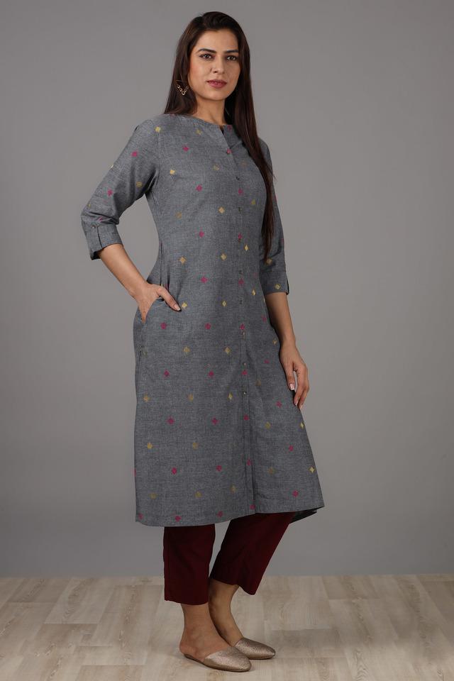 Buy STOP Grey Yarn Dyed Mandarin Collar A Line Fit Women's Kurta