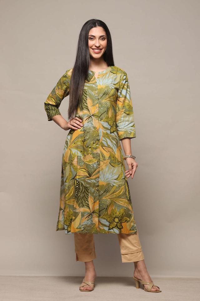 Buy BIBA Green Textured Rayon Round Neck Women s Party Wear Kurta Shoppers Stop