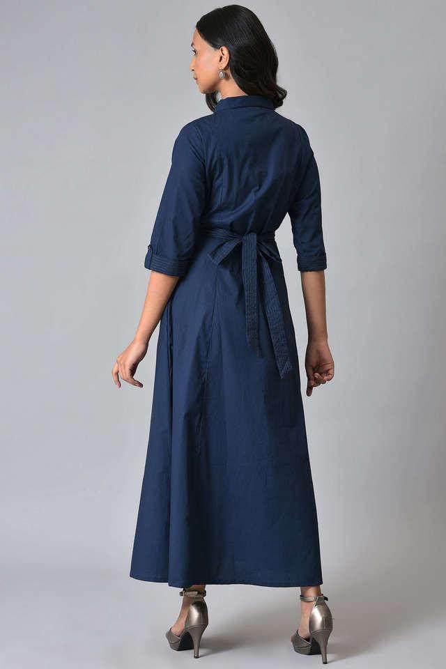 Alison Midi Dress - Long Sleeve Front Split Denim Dress in Mid Blue Wash |  Showpo USA