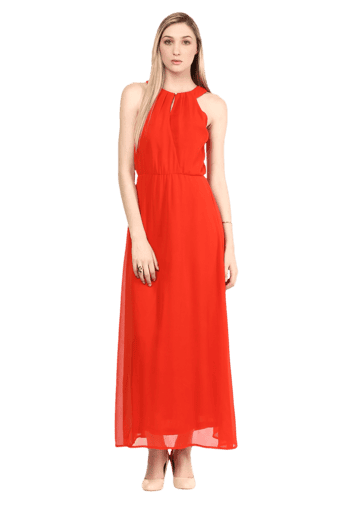 orange halter neck maxi dress