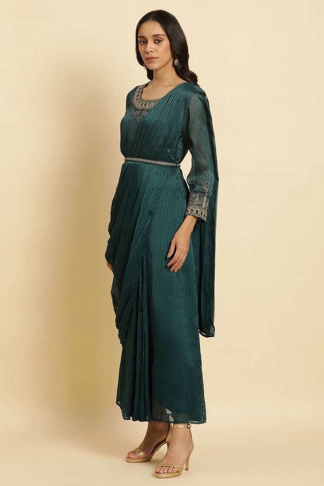 Buy W Green Embroidered Round Neck Polyester Women s Saree Style Dress Shoppers Stop