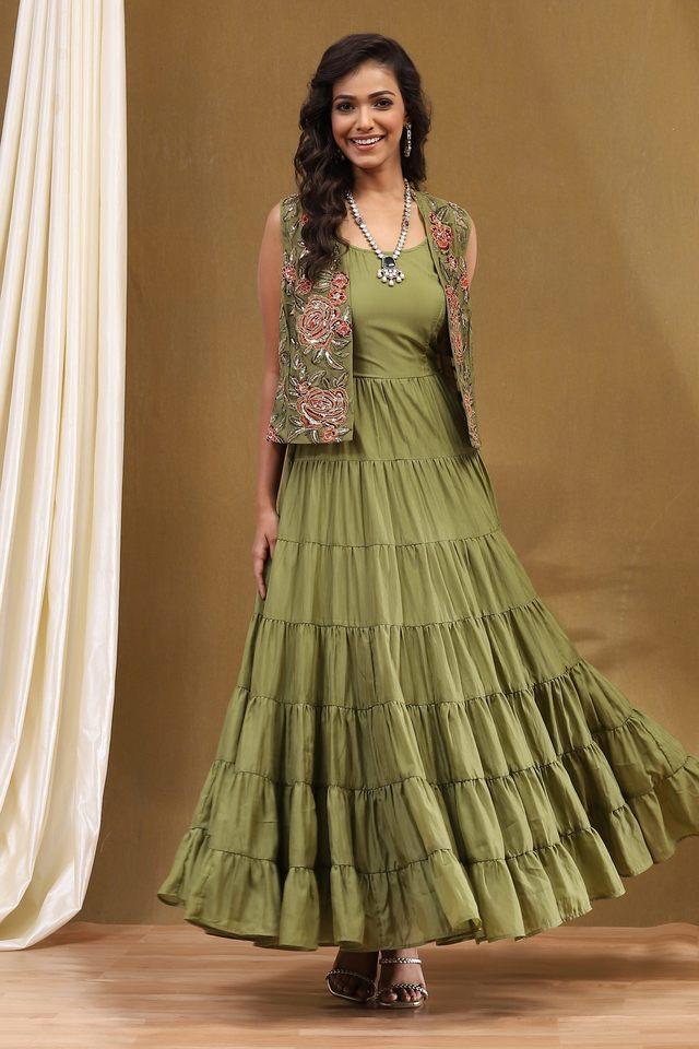 Buy BIBA Green Kriti Sanon X Embroidered Polyester Round Neck Women s Formal Wear Kurta with Jacket Shoppers Stop