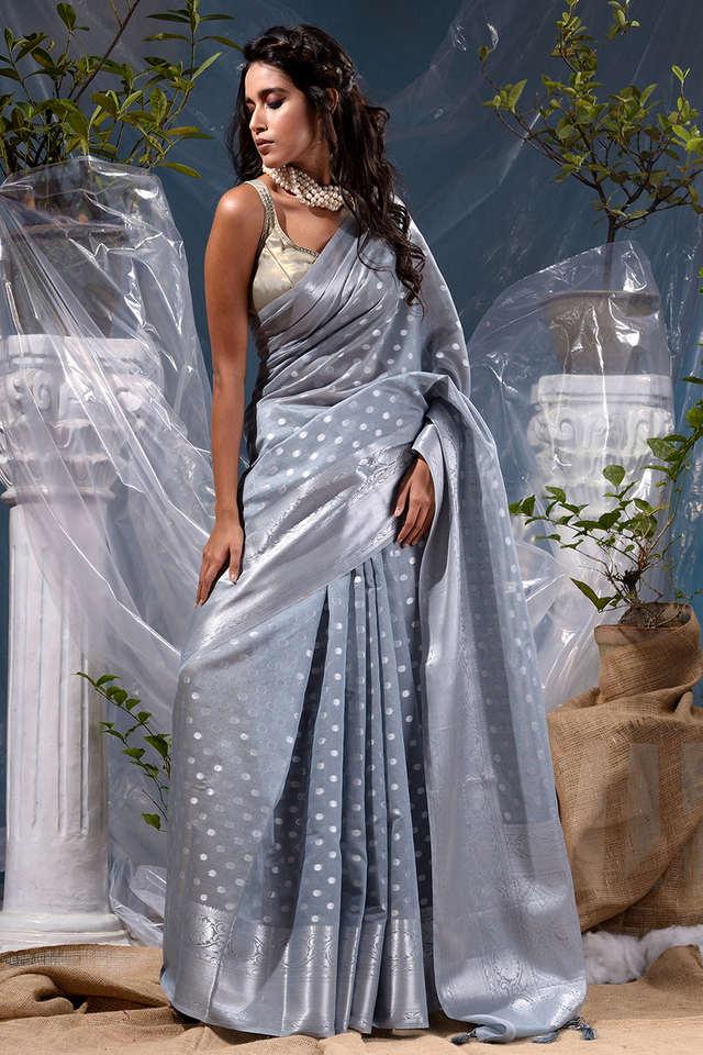 Grey With Silver Zari Weaved Banarasi Silk Saree With All Over Zari Woven  Ethnic Motifs Pattern With Blouse Piece