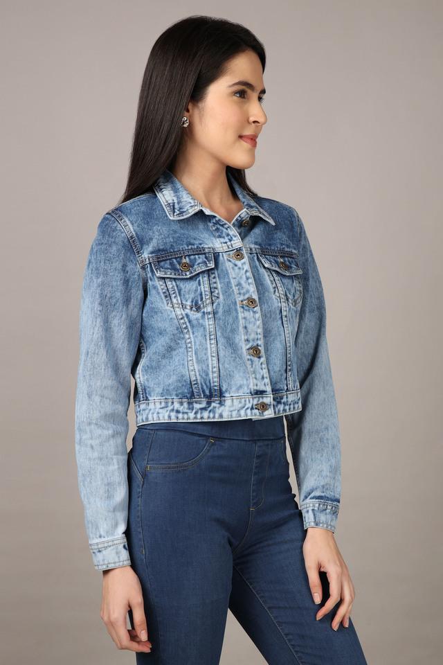 Buy LIFE Mid Stone Solid Denim Collar Neck Women's Denim Jacket