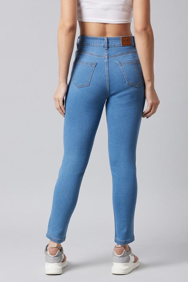 Blue Ripped Straight Jeans Slash Pockets Distressed High - Temu