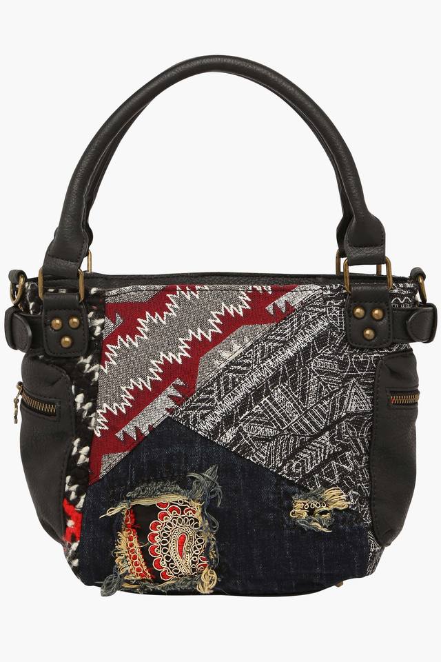 Buy DESIGUAL Black Womens Metallic Lock Zipper Closure Satchel