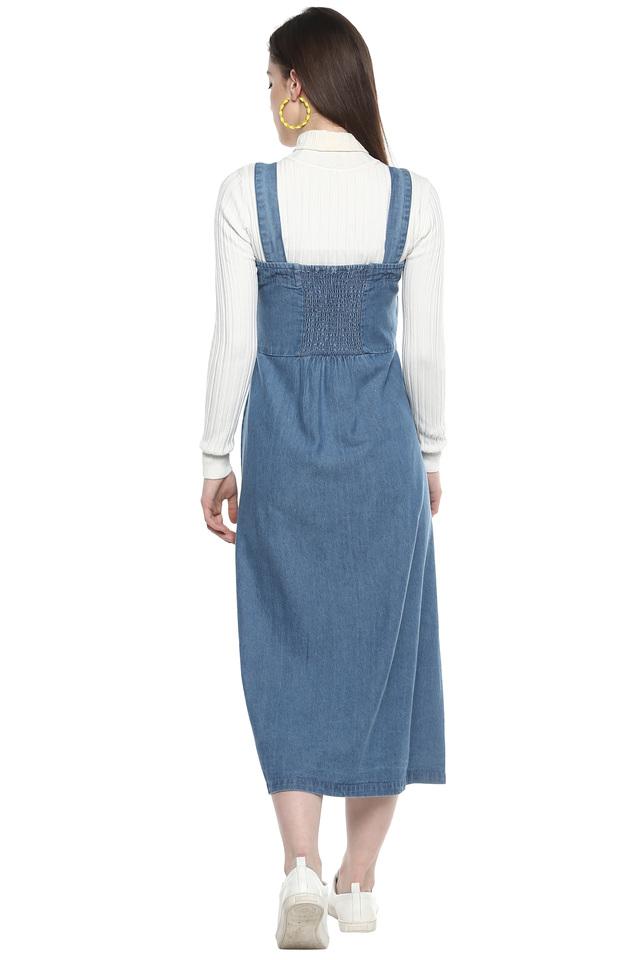 Buy LIFE Womens Strappy Neck Mild Wash Denim Pinafore Dress