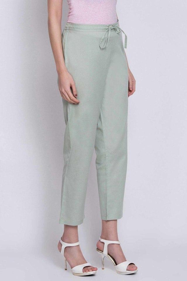 Buy BIBA Mint Womens Mint Green Cotton Flax Pants