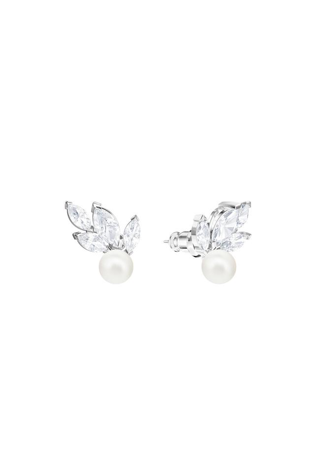 Louison Pearl stud earrings, Leaf, White, Rhodium plated