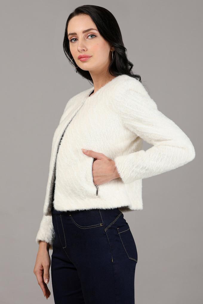 Buy STOP Off White Solid Regular Neck Fur Womens Winter Wear