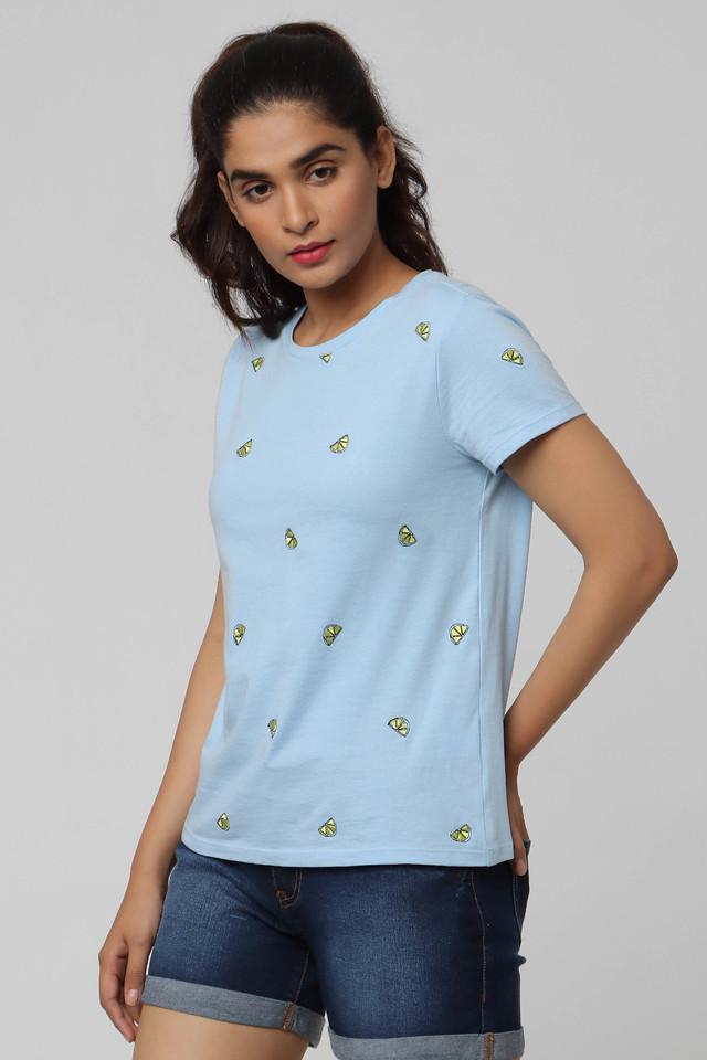 Buy LIFE Ice Blue Embroidered Cotton Round Neck Women's Regular T-Shirt |  Shoppers Stop