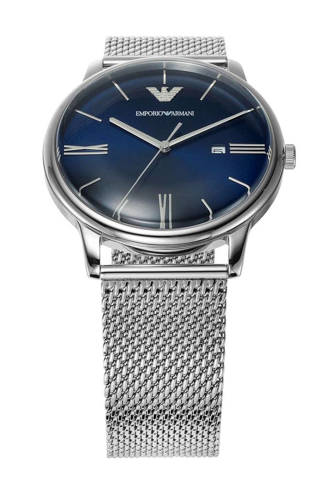 Armani silver shop and blue watch