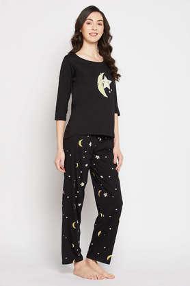 Buy CLOVIA Star Moon Print Top Pyjama Set in Black Cotton