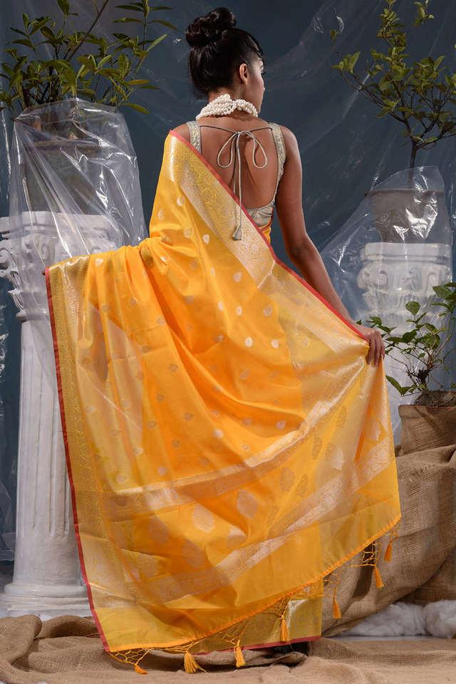 Buy BANARASI PATOLA Yellow Yellow With Silver Zari Weaved Banarasi