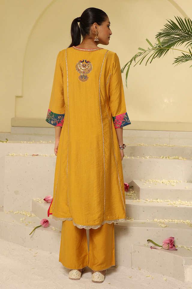 Buy Mustard Embroidered Silk Blend Straight Sharara Suit Set With Dupatta  Online at Rs.3119