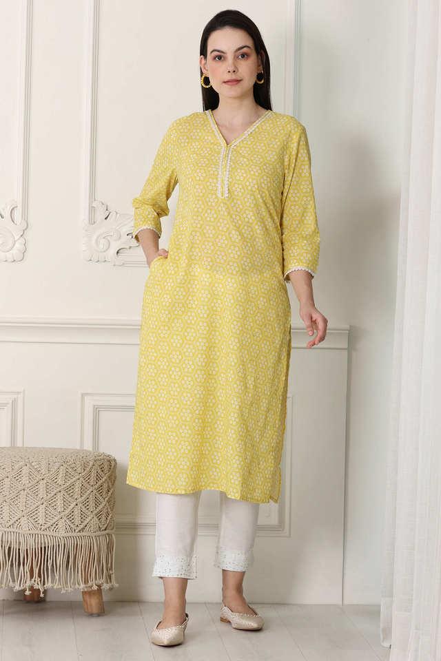 Buy W Yellow Floral Cotton V Neck Women s Kurta Shoppers Stop