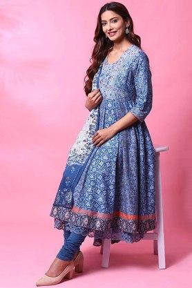 Buy BIBA Blue Round Neck Cotton Womens Anarkali Suit Set