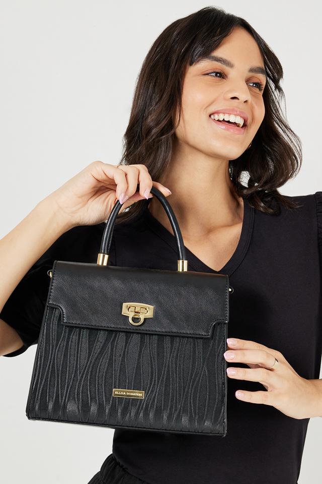 Buy ELLIZA DONATEIN Black Classic Texture PU Magnetic Closure Women s Casual Satchel Bag Shoppers Stop