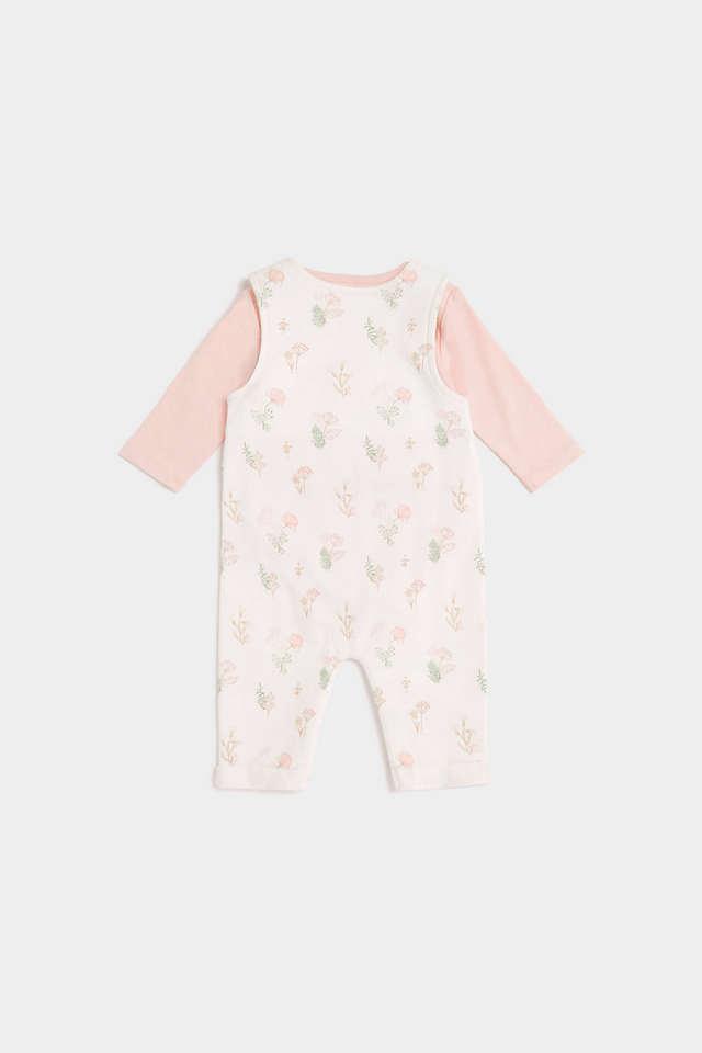 NEXT Jersey Printed Baby 2 Piece Dungarees And Bodysuit Set Pink Character  Girl Rompers