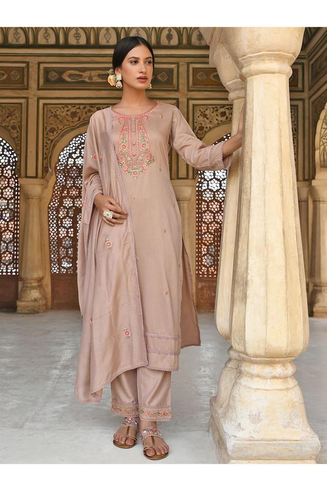 Buy JANASYA Pink Embroidered Round Neck Silk Blend Women's Salwar