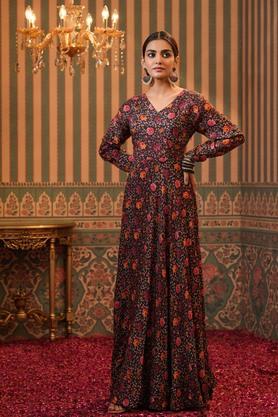 Burgandy & Gold Printed Plus Size Maxi Ethnic Dress