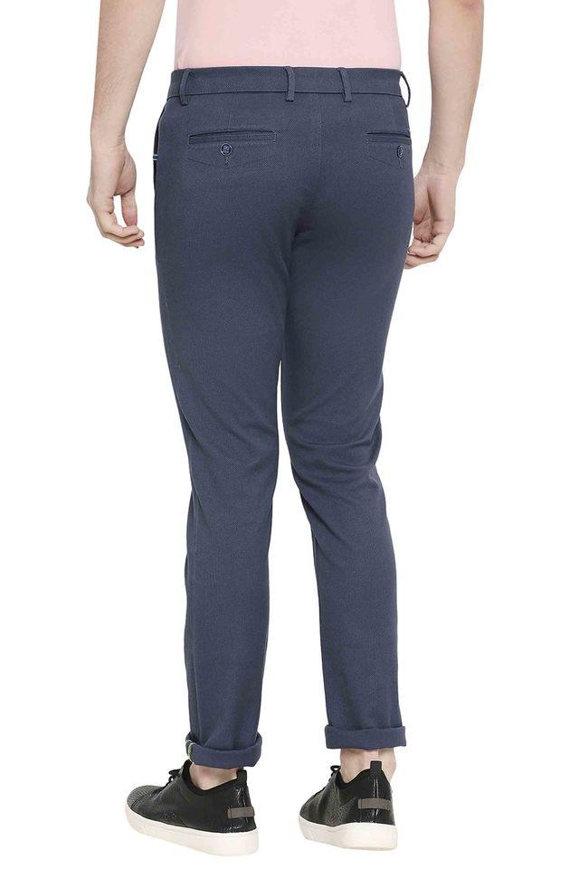 Buy BASICS Blue Structured Cotton Stretch Tapered Fit Mens Trousers