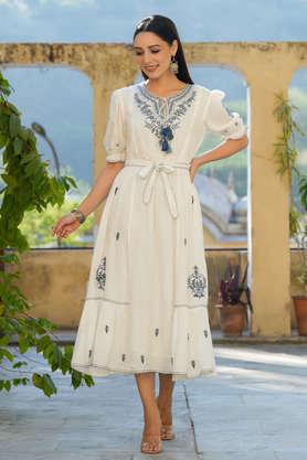 Women Viscose Georgette Printed & Embroidery Mini Flared Dress