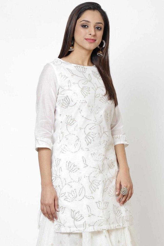 Off White with Blue Floral Details Printed Cotton Kurti – The Vasiliki