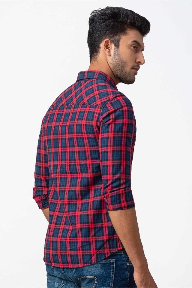 Spykar Men Navy Blue Cotton Slim Fit Checkered Shirt