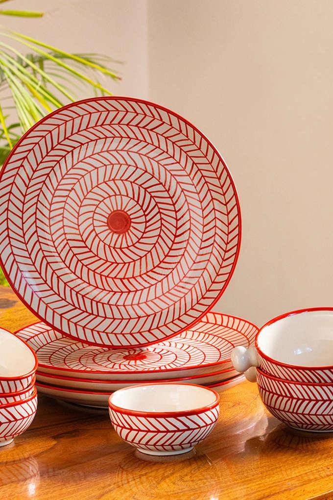 Buy EXCLUSIVELANE Red Chevrons Hand Painted Ceramic Dinner Plates