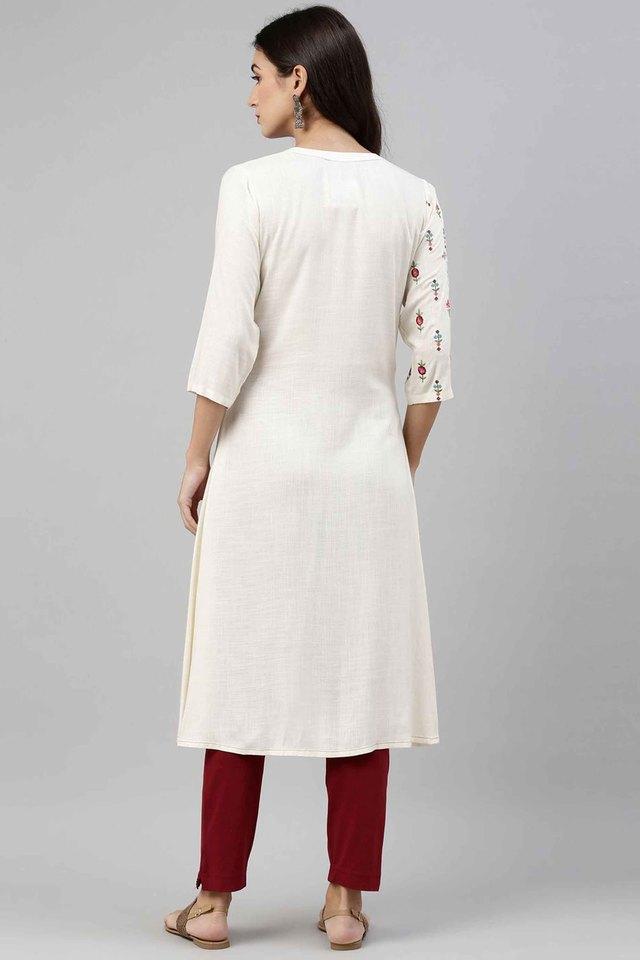 Buy NEERUS Cream Embroidered Rayon Blend Round Neck Womens Full Length  Kurta