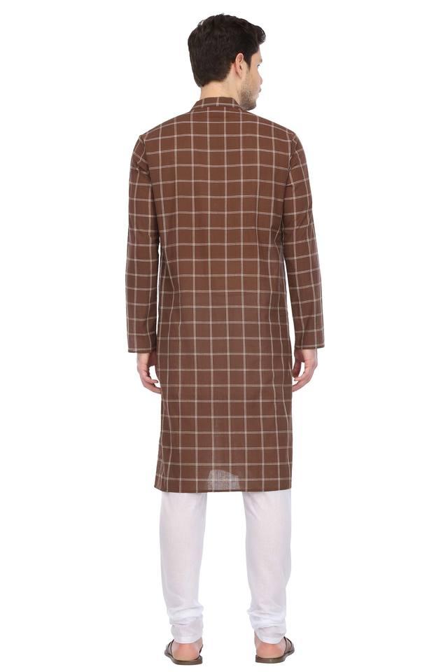 Buy ETHNIX Dark Brown Mens Mao Collar Check Kurta and Churidar Set