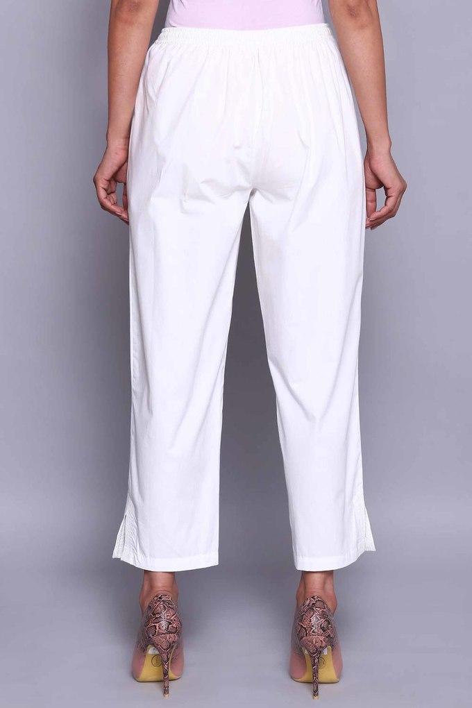 Women's White Cotton Solid Straight Trouser Pant - BLISSART - 3365608