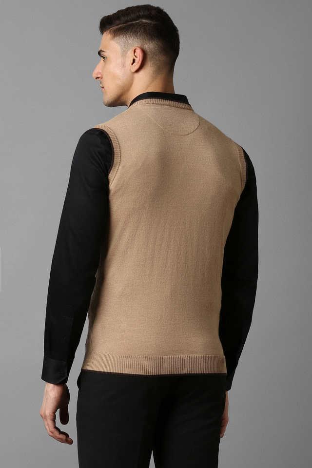 Buy Men Beige Solid V Neck Sleeveless Sweater Online in India