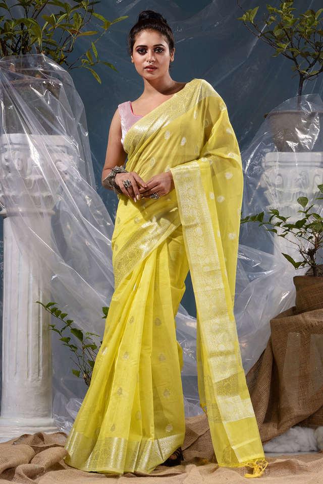 Yellow saree deals with contrast blouse