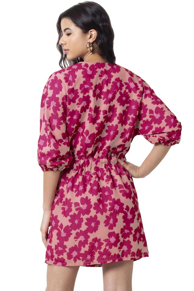 V by Very Curve Abstract Animal 3/4 Sleeve Belted V Neck Midi Dress - Pink