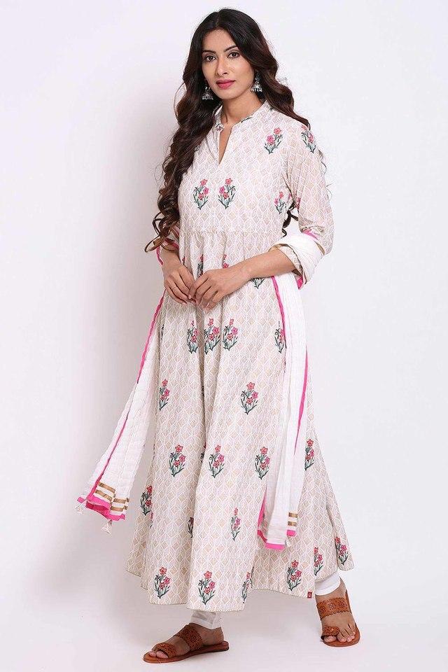 Buy BIBA Multi Womens Ivory And Gold Cotton Anarkali Suit Set Shoppers Stop