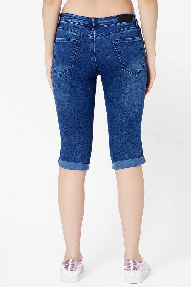 Buy KRAUS Blue Slim Fit Knee Length Cotton Womens Capris