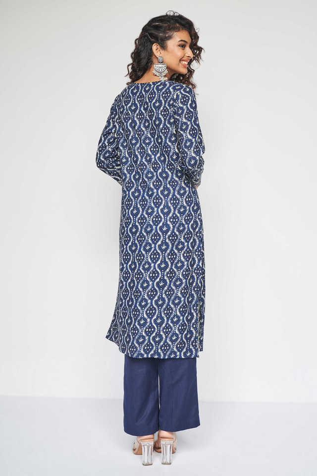 Buy Indigo Geometric Lace Straight Kurta Online at Best Price at Global Desi-  SS23GM129KUMUS