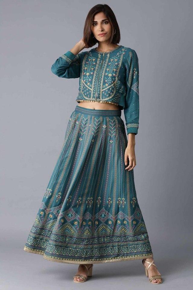 Buy madhuram Women's Skirt and Short Jacket Style Top Set for Solid with  Heavy Hand Work and Skirt Set(M-2318 Bottel Green_Small) at Amazon.in