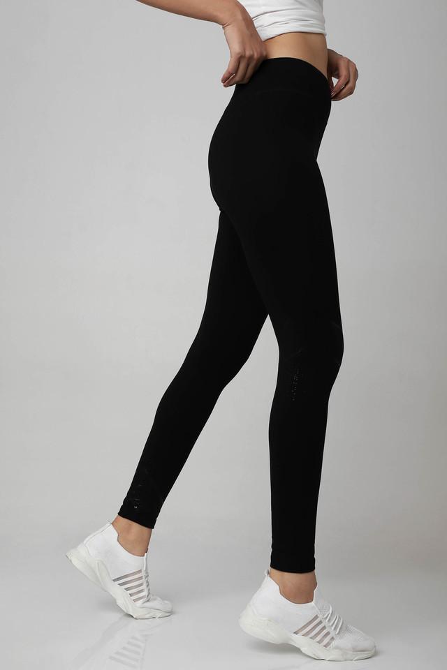 Buy LIFE Black Womens Polyester Lycra Screen Print Sport Tights