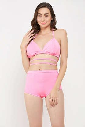 Padded Halter Neck Bikini Top & High Waist Bikini Bottoms in Baby Pink