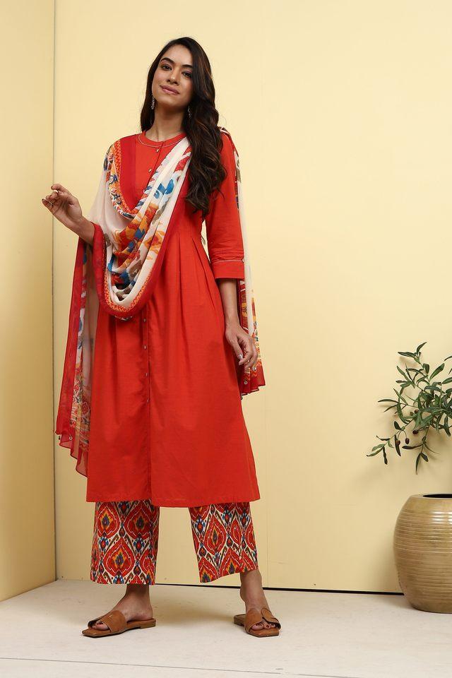 Buy BIBA Burnt Orange Printed Cotton Collared Women s Kurta Set Shoppers Stop