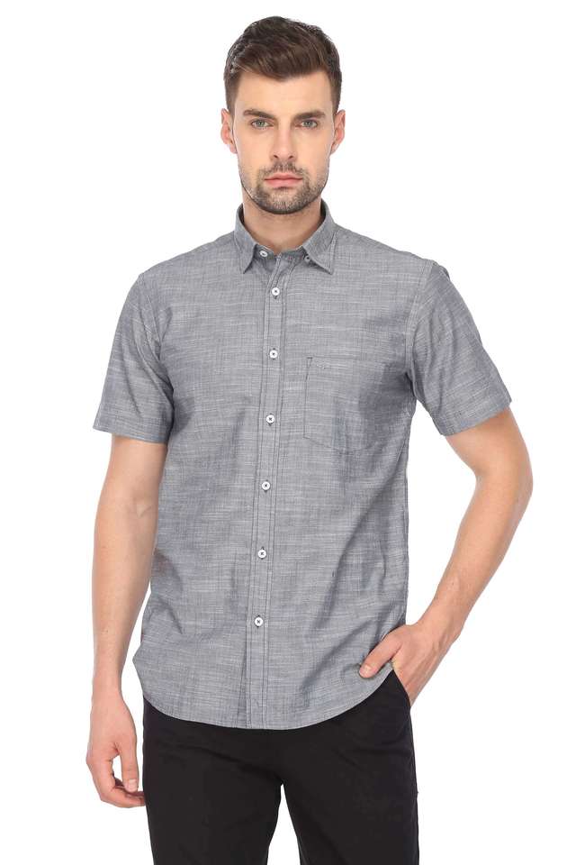 Buy COLOR PLUS Grey Solid Cotton Tailored Fit Men's Casual