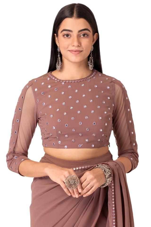 Buy INDYA Pink Embroidered Georgette Round Neck Women's Blouse