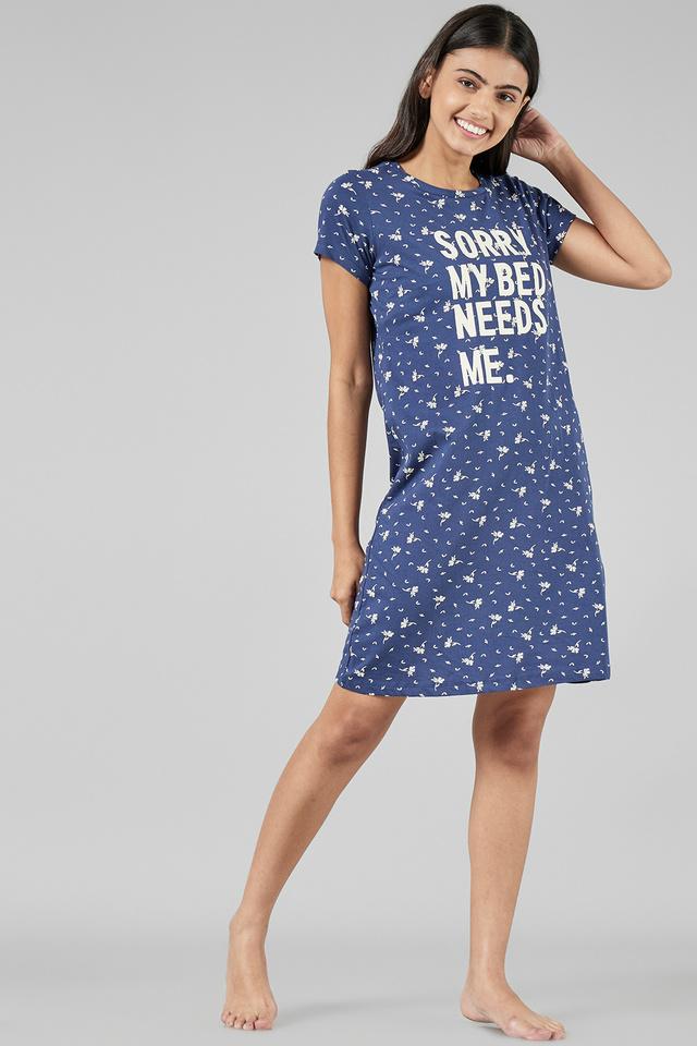 Buy INSENSE Dusty Blue Printed Cotton Knee Length Women's Night Dress