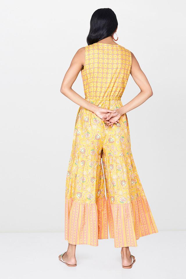 Buy GLOBAL DESI Mustard Womens Floral VNeck Flared Jumpsuit Shoppers