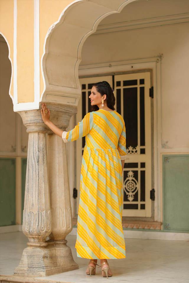 Buy SCAKHI Yellow Stripes Full Length Georgette Woven Women's Gown