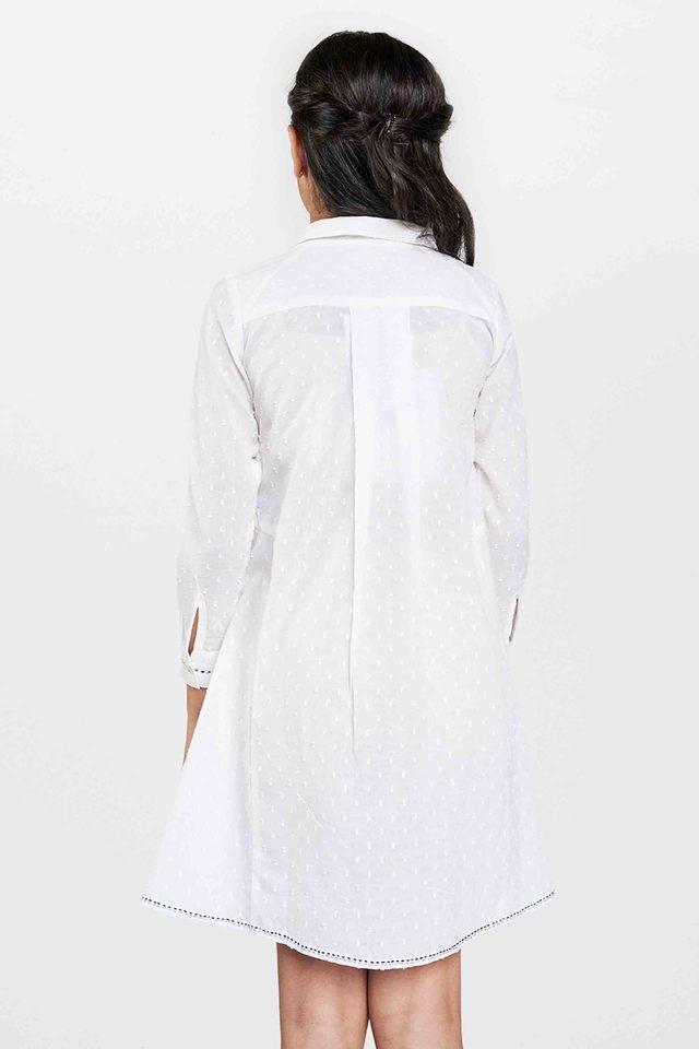 Buy GLOBAL DESI GIRLS White Embroidered Cotton Long Sleeves Shirt Collar  Girls Knee Length Flared Fit Dress