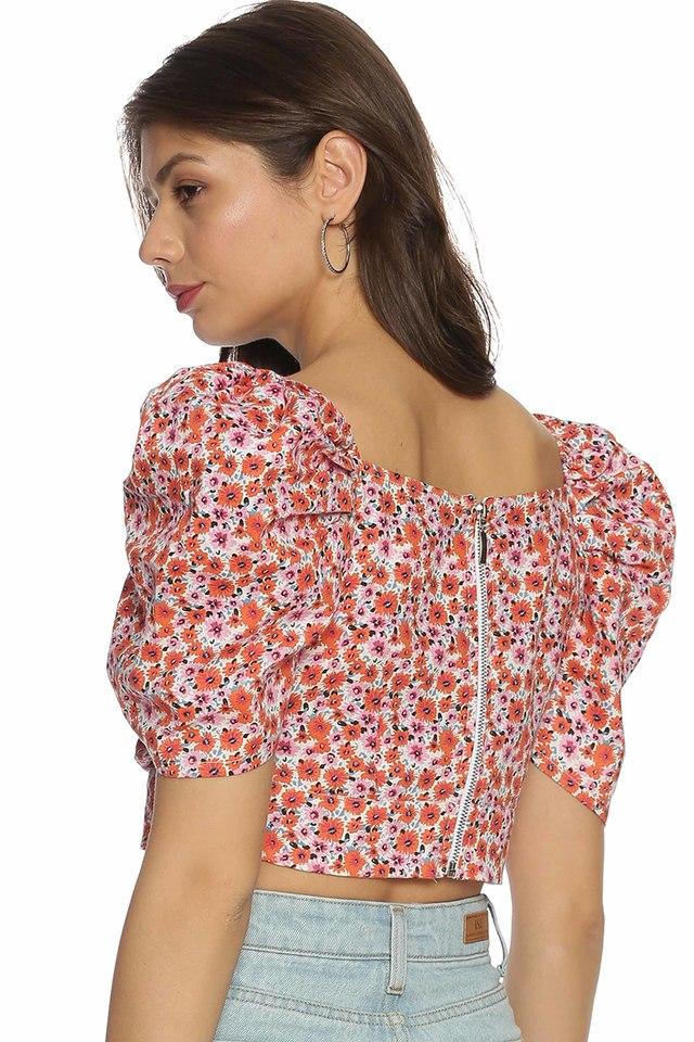 Buy Nautinati Girls Pink-white Floral Printed Crop Top With Puff